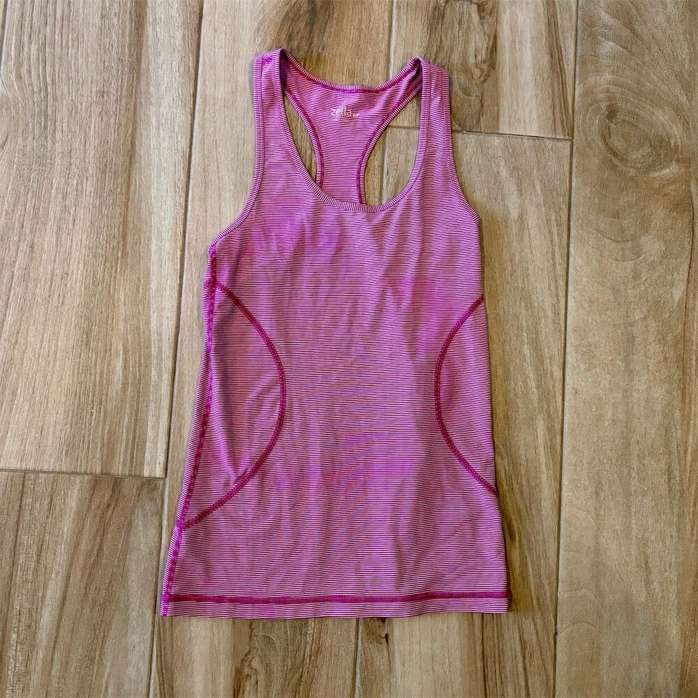Zella Womens Racerback Athletic Tank Top Pink White Micro Stripe Size S